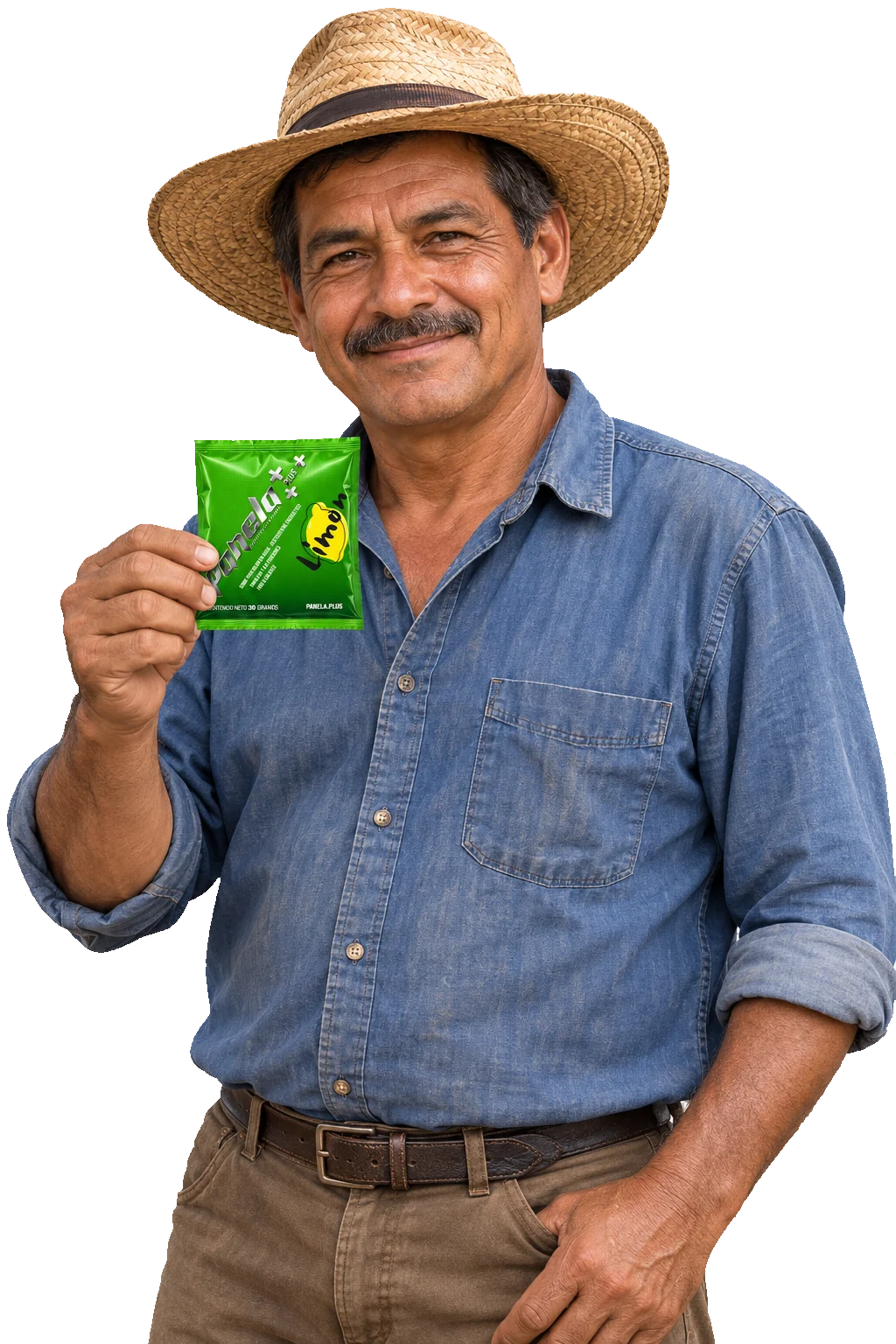 Ilustración fotográfica de un cañicultor colombiano sosteniendo un sobre de Panela Plus Limón.