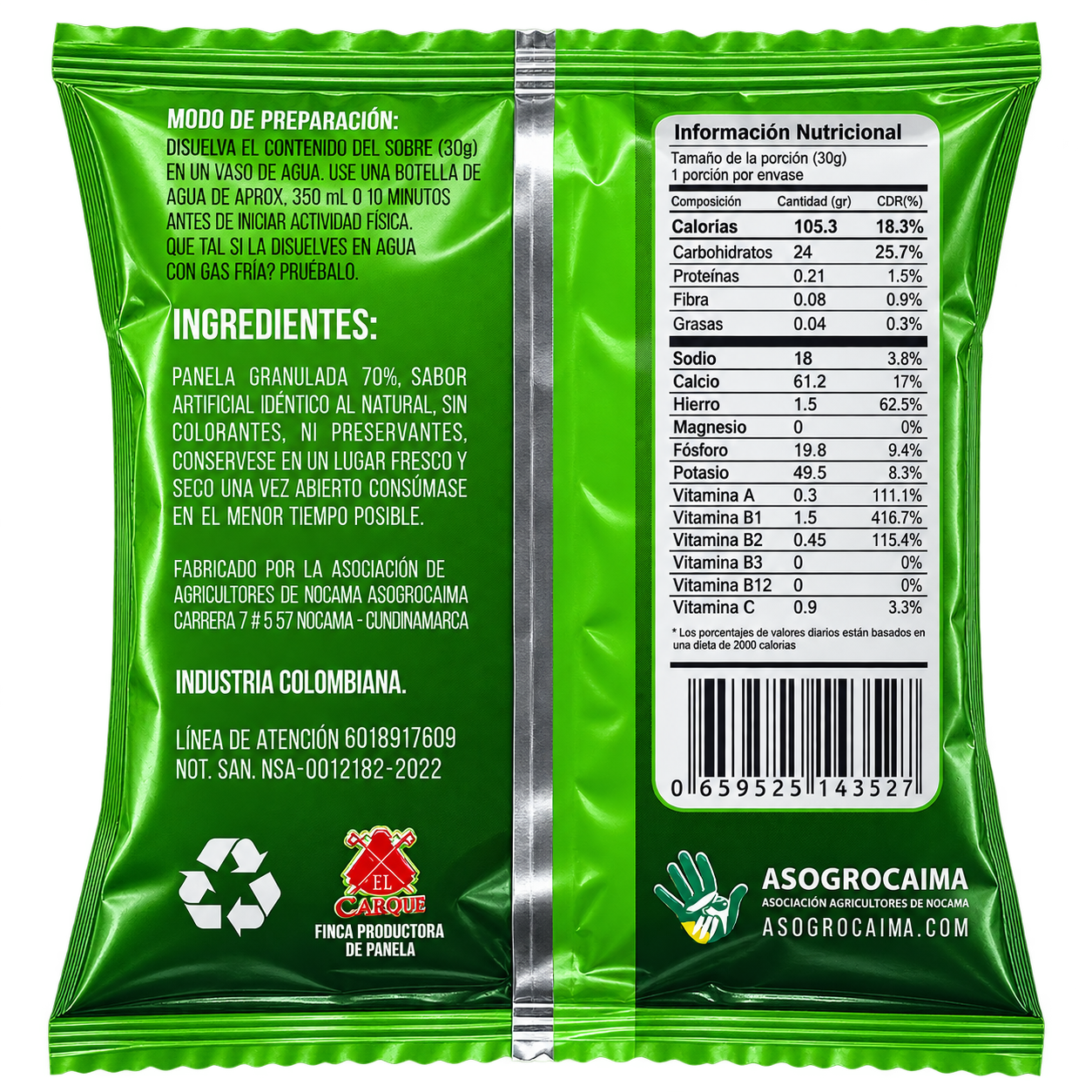Reverso del sobre Panela Plus Limón